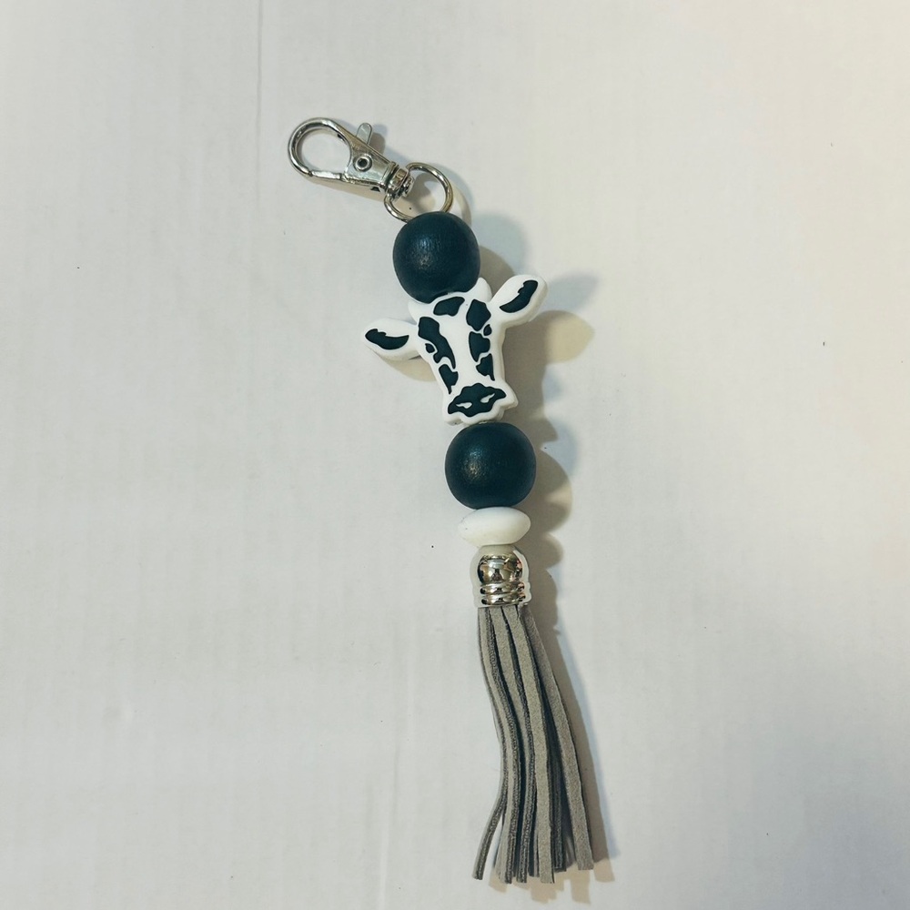 Cow Print Keychain with Tassel